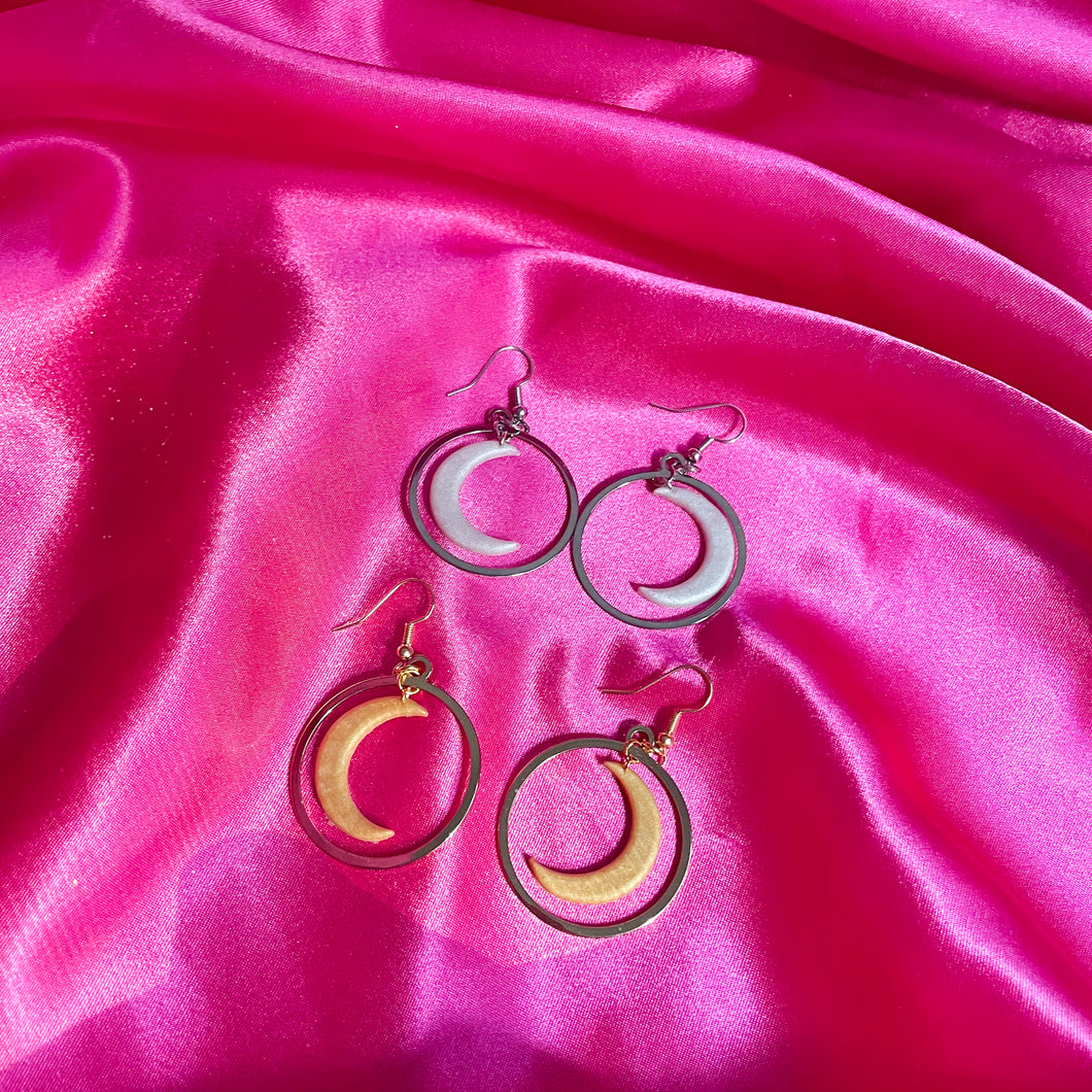 Crescent Moon Hoops (white or gold)